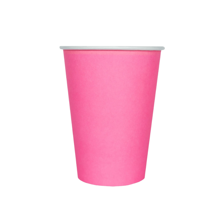 Pink paper cup with plain design birthday celebration from Parte Haus party supply store in Bethesda MD.