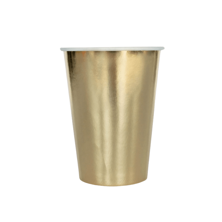 Gold paper cup with metallic finish perfect for celebrations from Parte Haus party supply store in Bethesda MD.