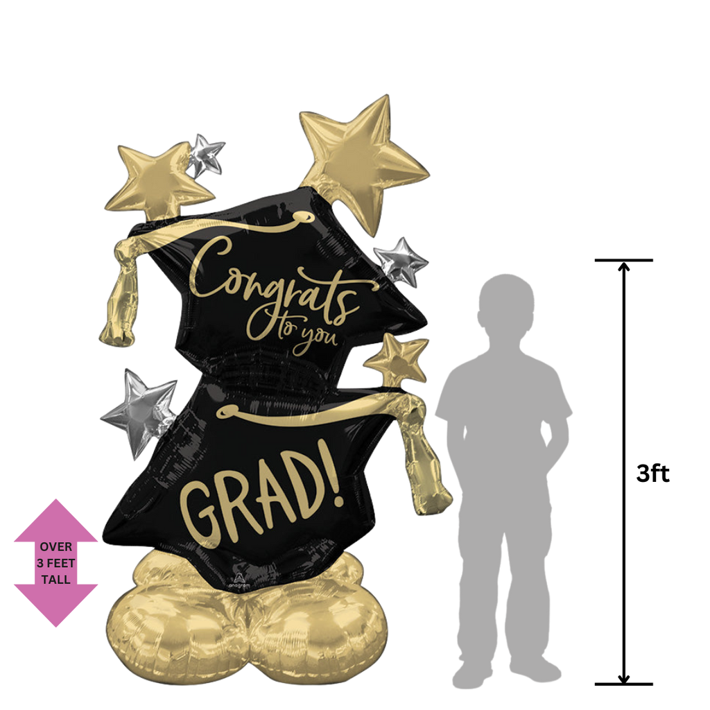Black and gold graduation balloon bouquet with cap shapes and stars Graduation theme from Parte Haus party supply store in Bethesda MD