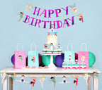 Colorful gymnastics birthday decoration set with banners goody bags balloons and cake from Parte Haus party supply store in Bethesda MD