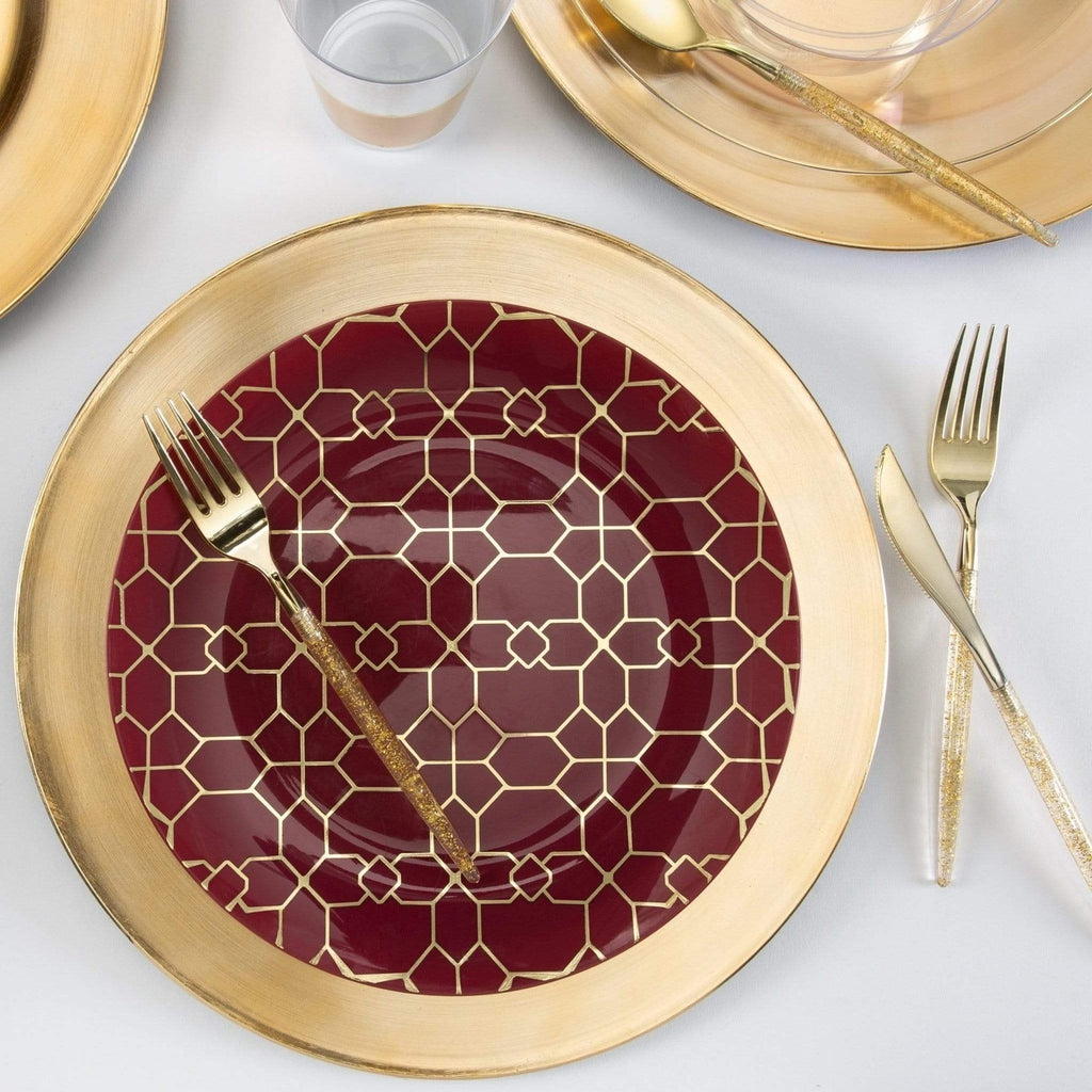 Burgundy and gold geometric dinner plate elegant table setting from Parte Haus party supply store in Bethesda Maryland
