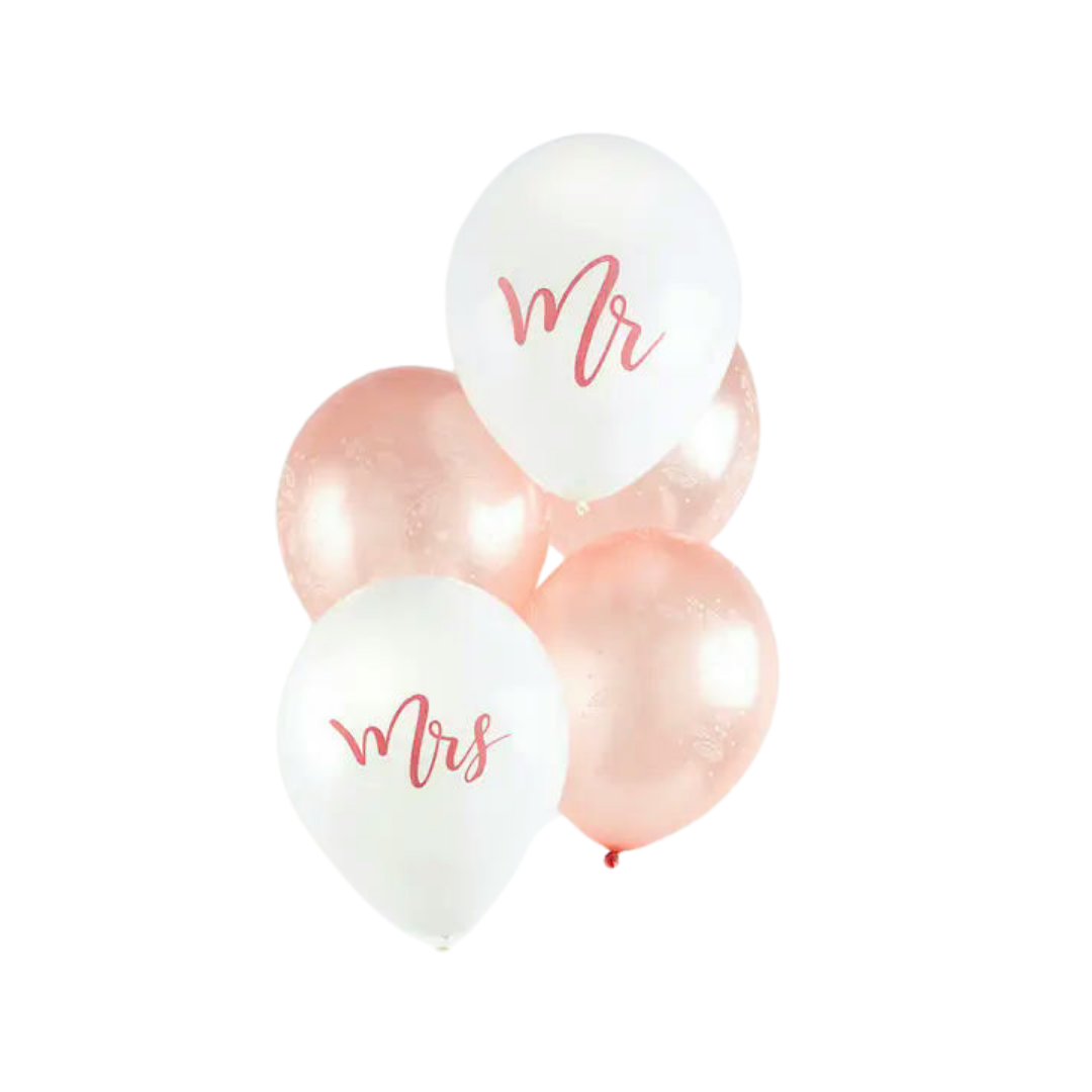 Rose gold and white Mr and Mrs balloons wedding decor from Parte Haus party supply store in Bethesda MD