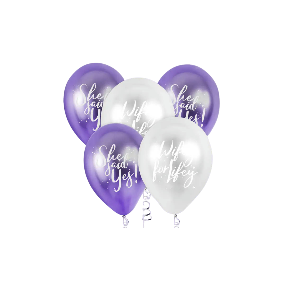 Purple and white engagement balloons with She Said Yes and Wife for Life bridal shower theme from Parte Haus party supply store in Bethesda MD.
