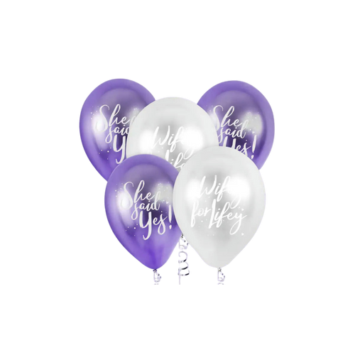 Purple and white engagement balloons with She Said Yes and Wife for Life bridal shower theme from Parte Haus party supply store in Bethesda MD.
