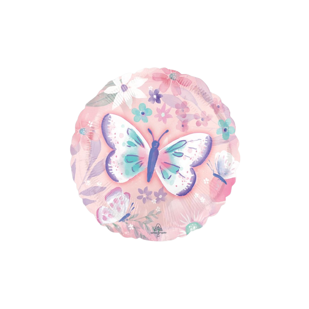 Pink butterfly foil balloon with floral butterfly design for birthday from Parte Haus party supply store in Bethesda Maryland