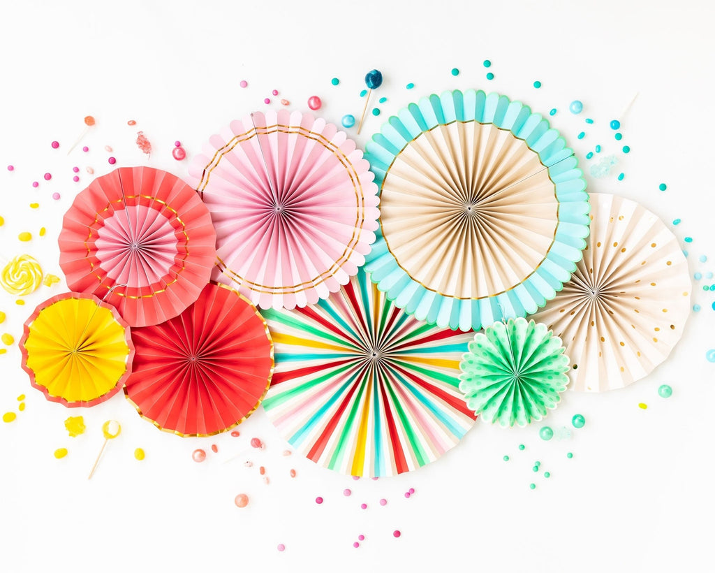 Multicolor paper fan decorations for birthday celebration from Parte Haus party supply store in Bethesda MD