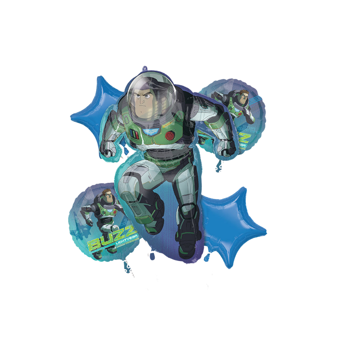 Blue Buzz Lightyear balloon bouquet with cartoon astronaut design birthday theme from Parte Haus party supply store in Bethesda MD