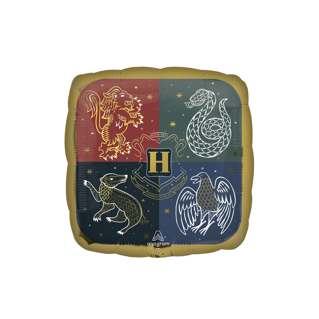 Multicolor Harry Potter square foil balloon Hogwarts crest birthday theme from Parte Haus party supply store in Bethesda MD.