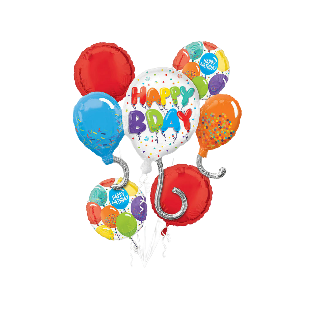 Colorful birthday balloon bouquet with Happy Bday print for birthday celebration from Parte Haus party supply store in Bethesda MD