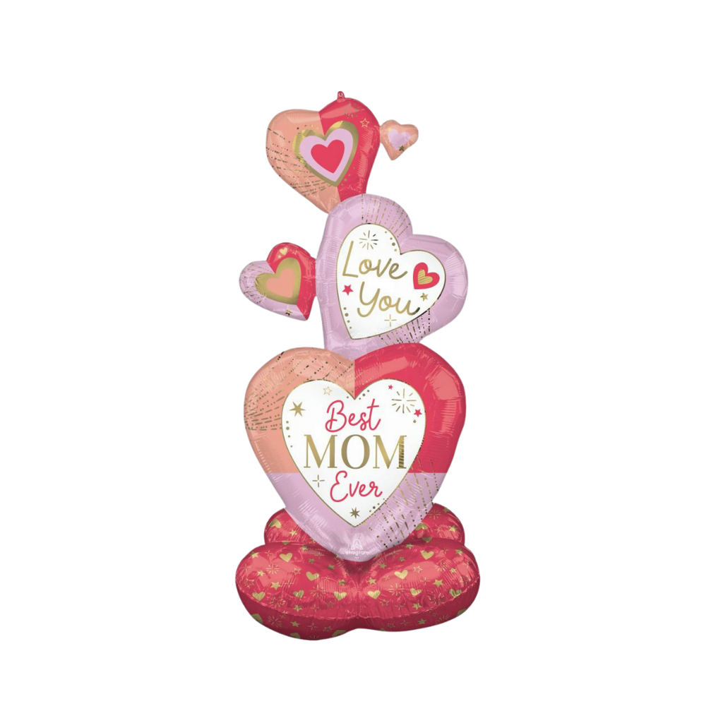 Pink heart shaped balloon arrangement with best mom ever and love you text for Mother's Day from Parte Haus party supply store in Bethesda MD