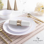 White and gold elegant tableware set for celebration from Parte Haus party supply store in Bethesda Maryland
