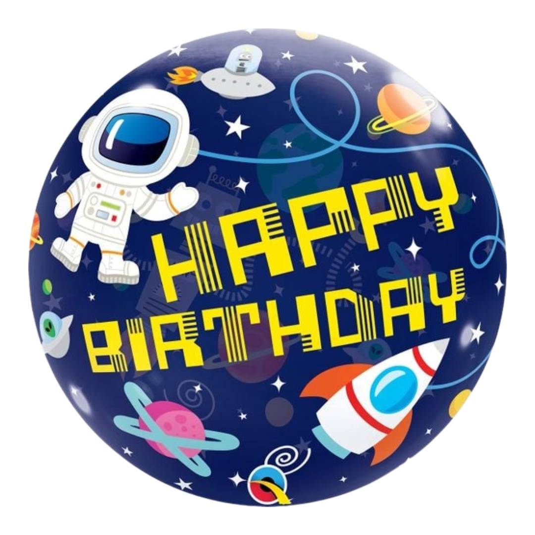 navy blue space themed birthday balloon with astronaut rocket and planets for kids from Parte Haus party supply store in Bethesda Maryland