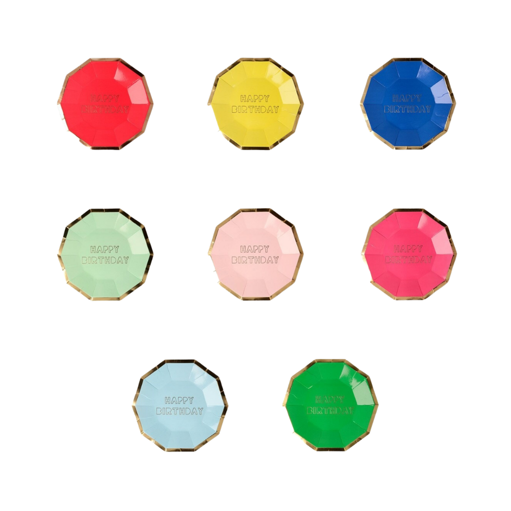 Multicolor gemstone shaped happy birthday plates for birthday theme from Parte Haus party supply store in Bethesda Maryland