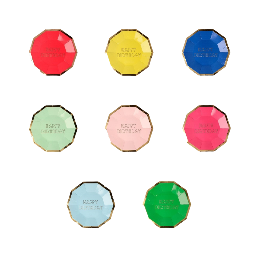 Multicolor gemstone shaped happy birthday plates for birthday theme from Parte Haus party supply store in Bethesda Maryland