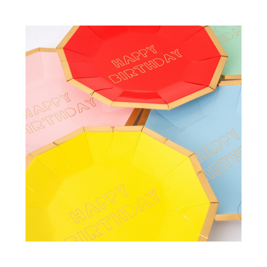 Yellow red blue and pink Happy Birthday plates with gold trim birthday theme from Parte Haus party supply store in Bethesda MD
