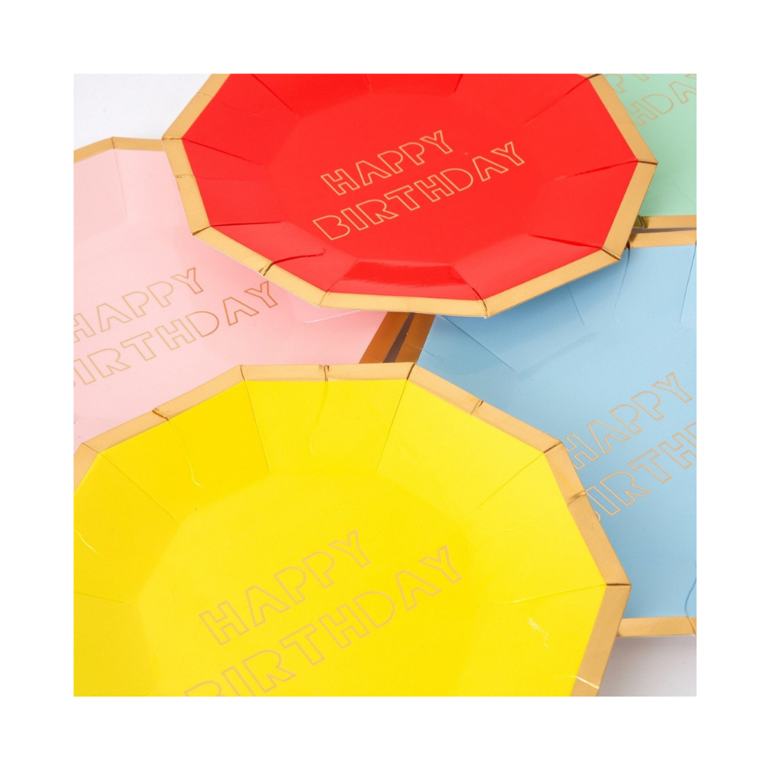 Yellow red blue and pink Happy Birthday plates with gold trim birthday theme from Parte Haus party supply store in Bethesda MD