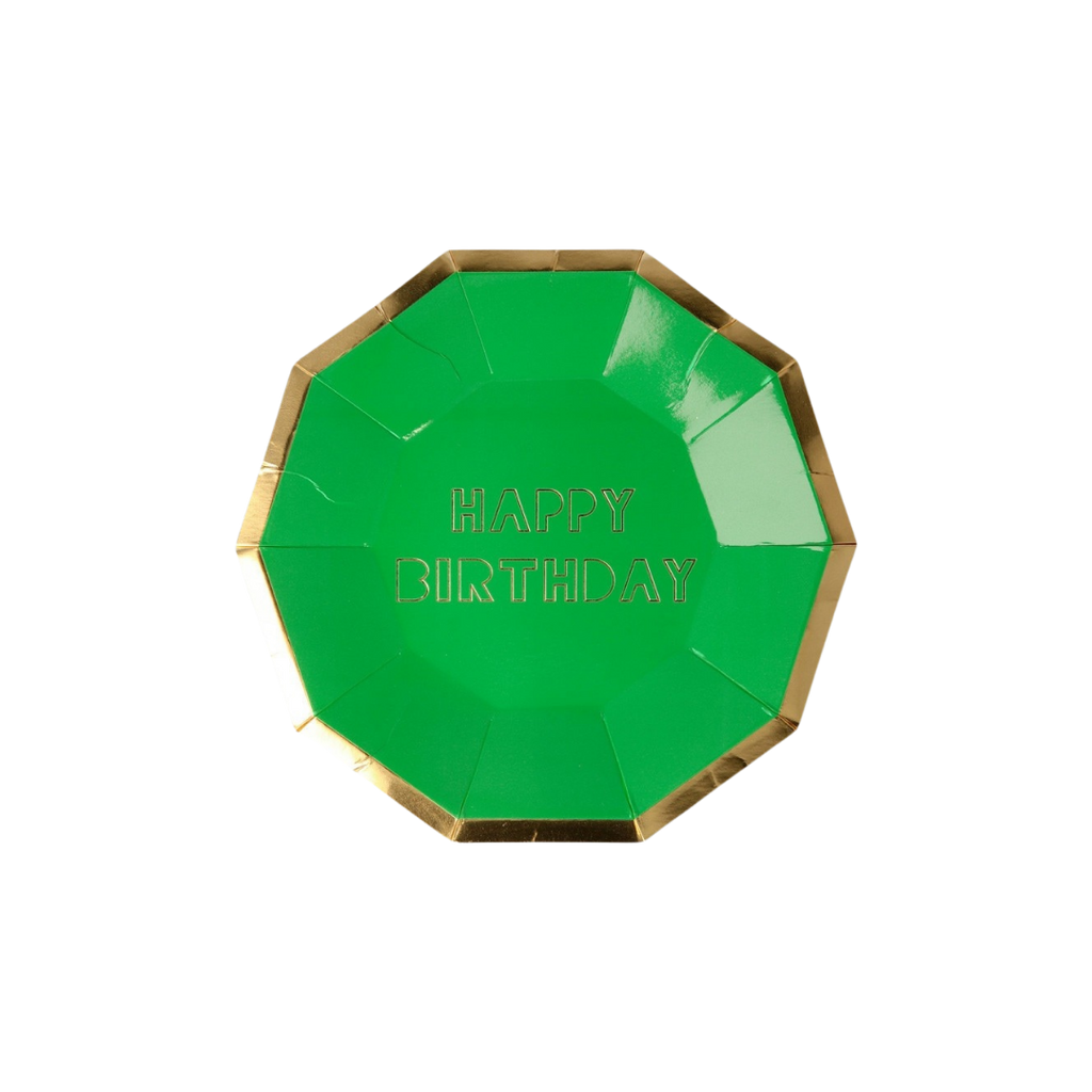 Green gold edged plate with Happy Birthday text birthday theme from Parte Haus party supply store in Bethesda MD