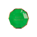 Green gold edged plate with Happy Birthday text birthday theme from Parte Haus party supply store in Bethesda MD