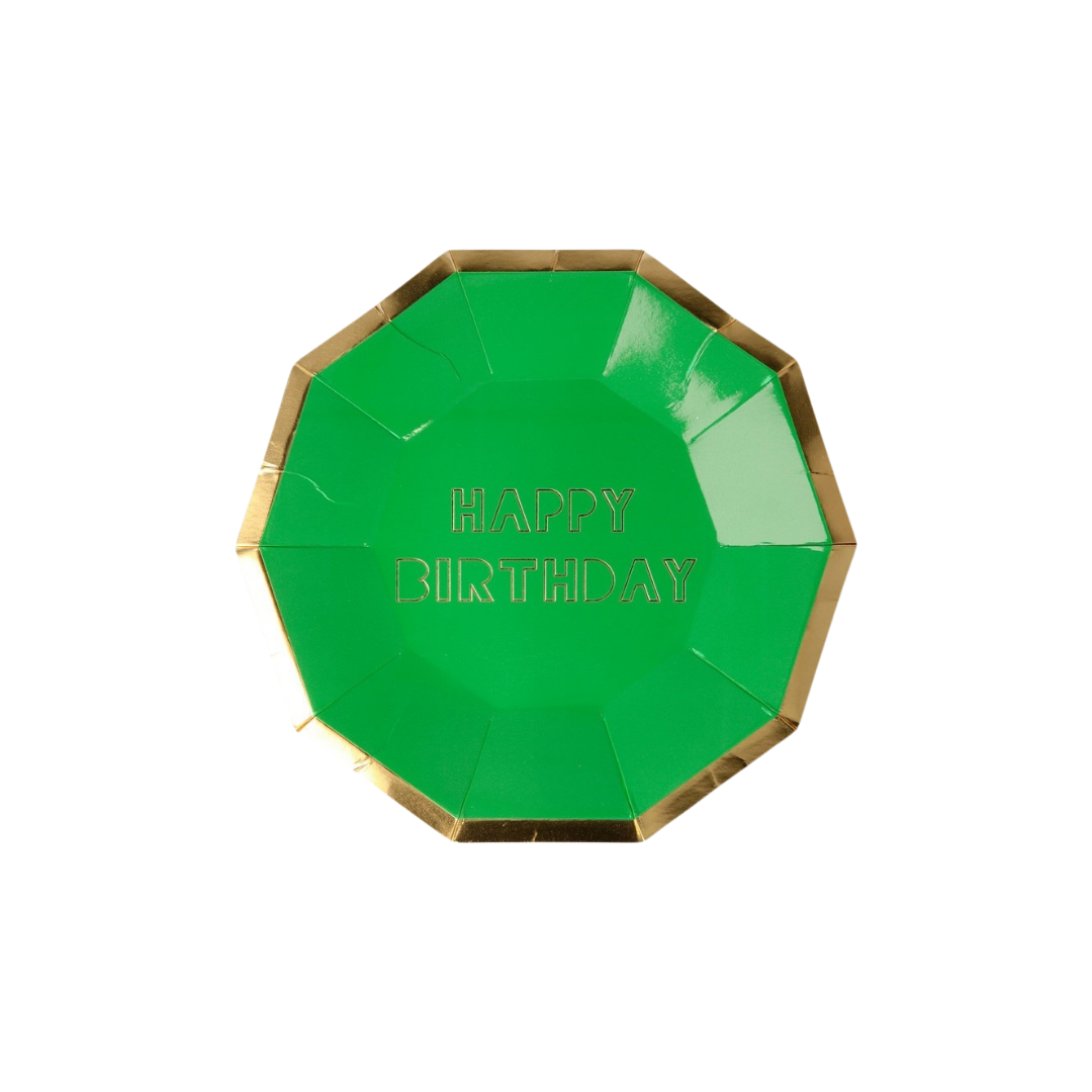 Green gold edged plate with Happy Birthday text birthday theme from Parte Haus party supply store in Bethesda MD