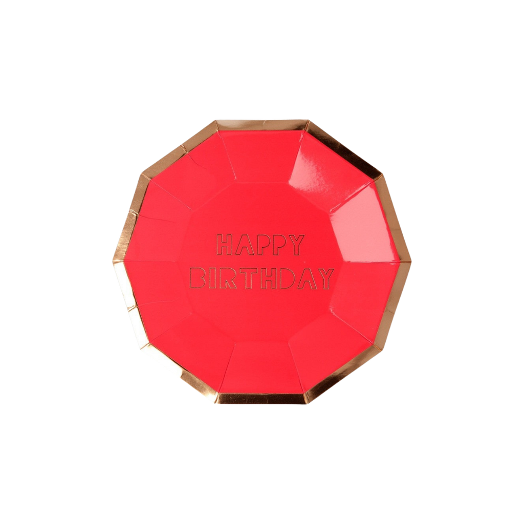 Red birthday plate with gold trim geometric shape from Parte Haus party supply store in Bethesda Maryland