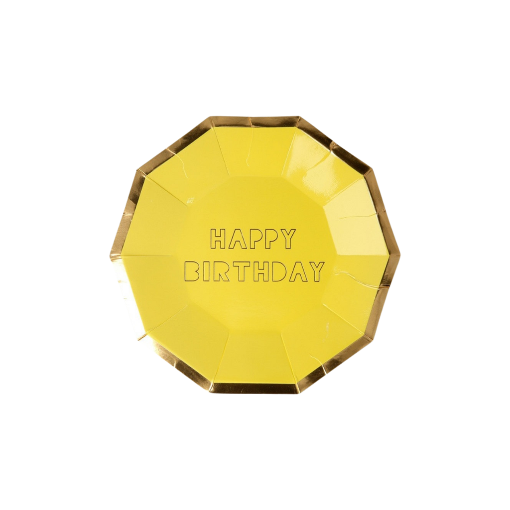 Yellow happy birthday plate with gold trim for birthday theme from Parte Haus party supply store in Bethesda MD
