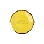 Yellow happy birthday plate with gold trim for birthday theme from Parte Haus party supply store in Bethesda MD
