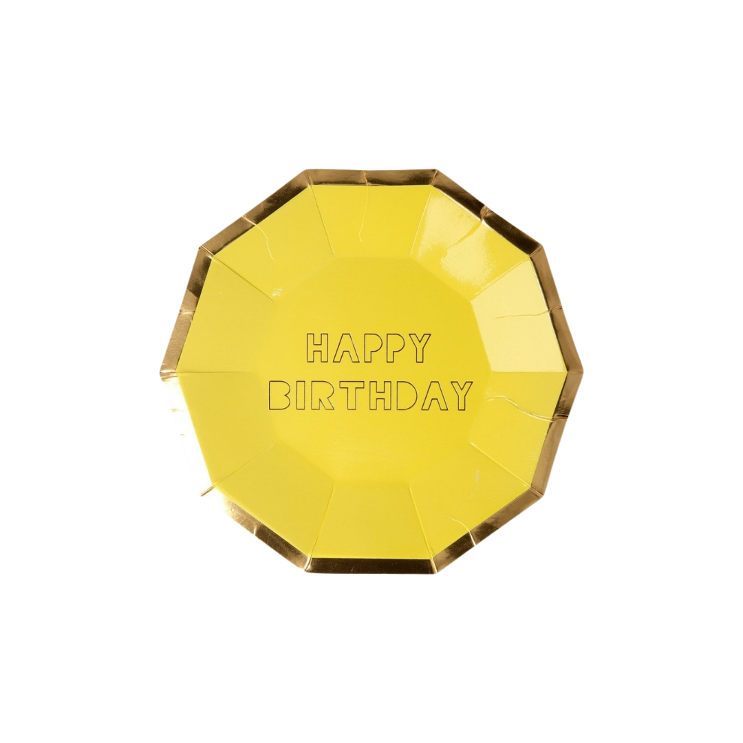 Yellow happy birthday plate with gold trim for birthday theme from Parte Haus party supply store in Bethesda MD