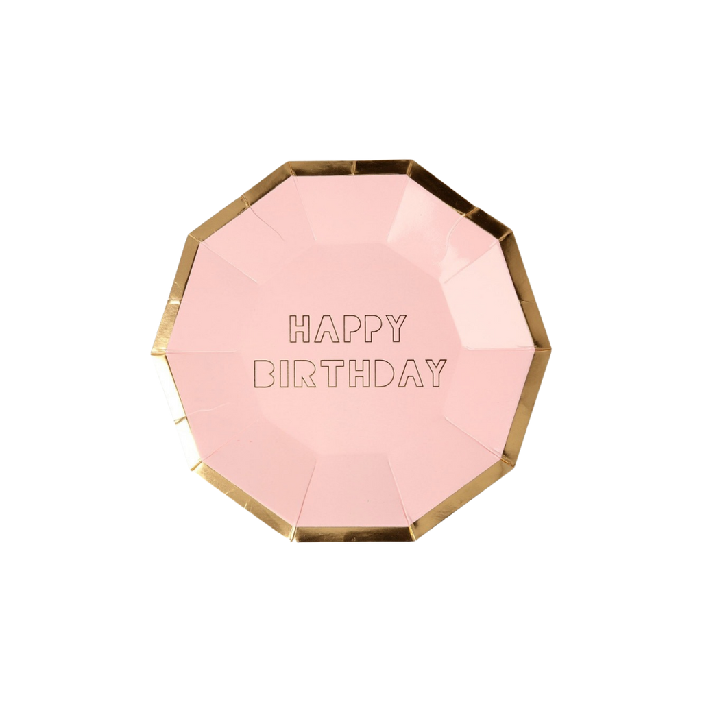 Pink and gold birthday plate with happy birthday text from Parte Haus party supply store in Bethesda MD
