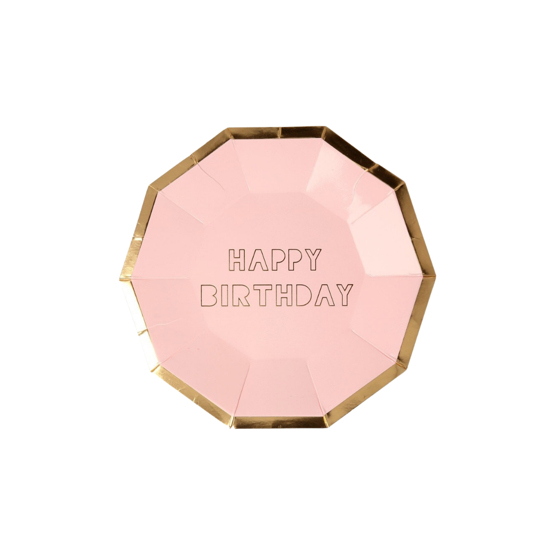 Pink and gold birthday plate with happy birthday text from Parte Haus party supply store in Bethesda MD