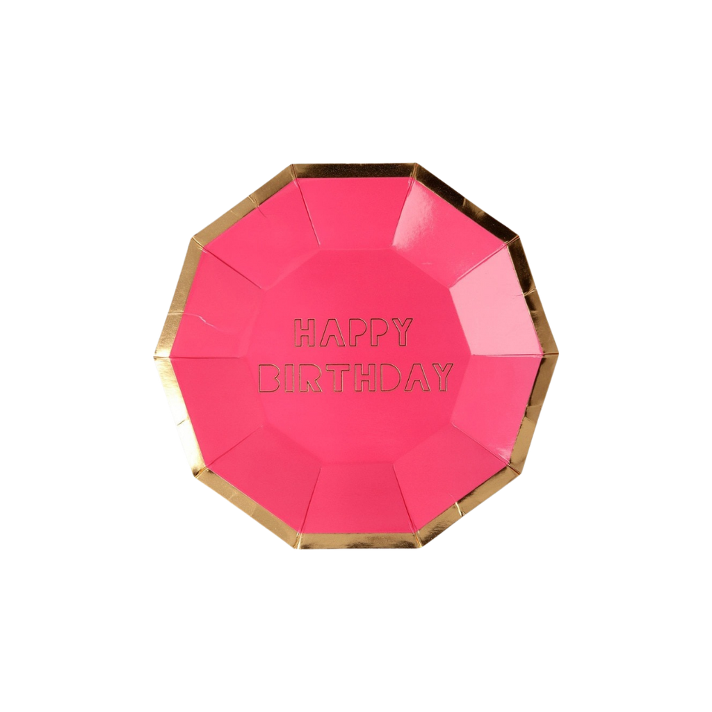Pink birthday plate with gold trim and happy birthday text from Parte Haus party supply store in Bethesda Maryland