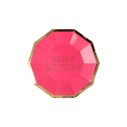 Pink birthday plate with gold trim and happy birthday text from Parte Haus party supply store in Bethesda Maryland