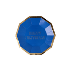 Blue and gold plate with happy birthday text for birthday from Parte Haus party supply store in Bethesda MD