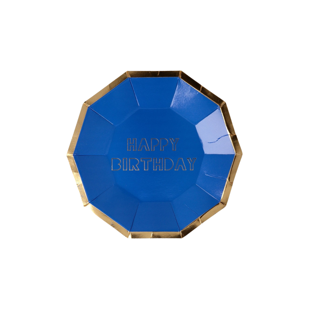 Blue and gold plate with happy birthday text for birthday from Parte Haus party supply store in Bethesda MD