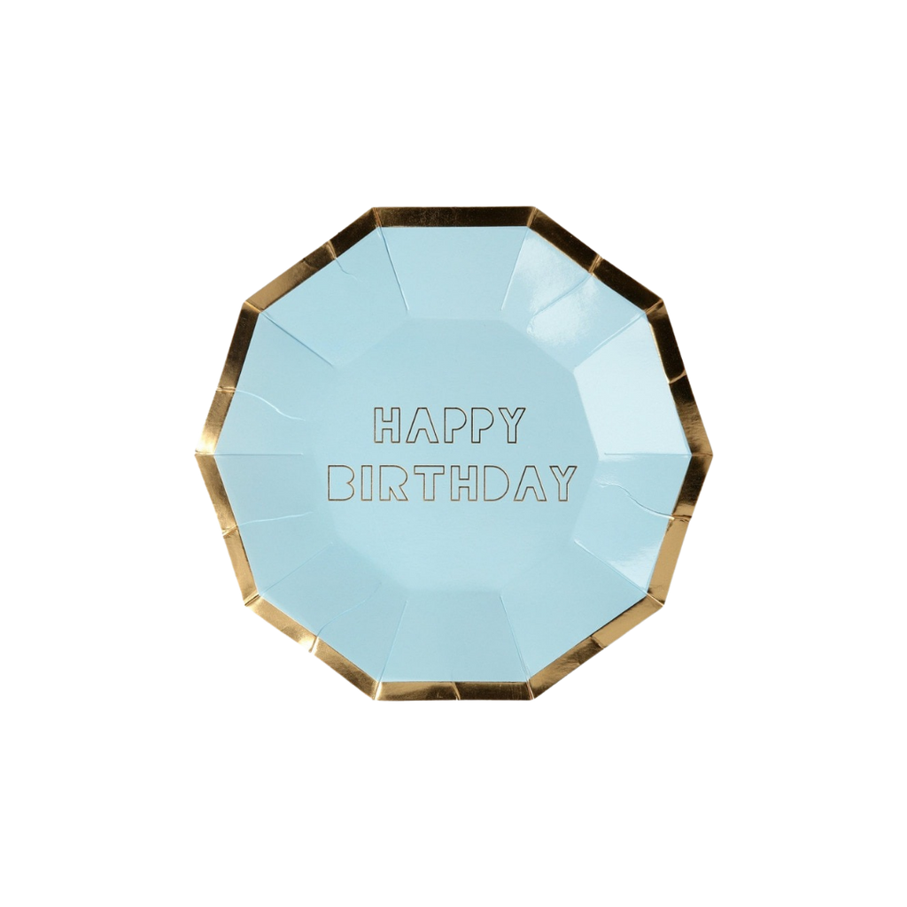Blue and gold happy birthday plate with geometric edges birthday theme from Parte Haus party supply store in Bethesda MD