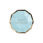 Blue and gold happy birthday plate with geometric edges birthday theme from Parte Haus party supply store in Bethesda MD
