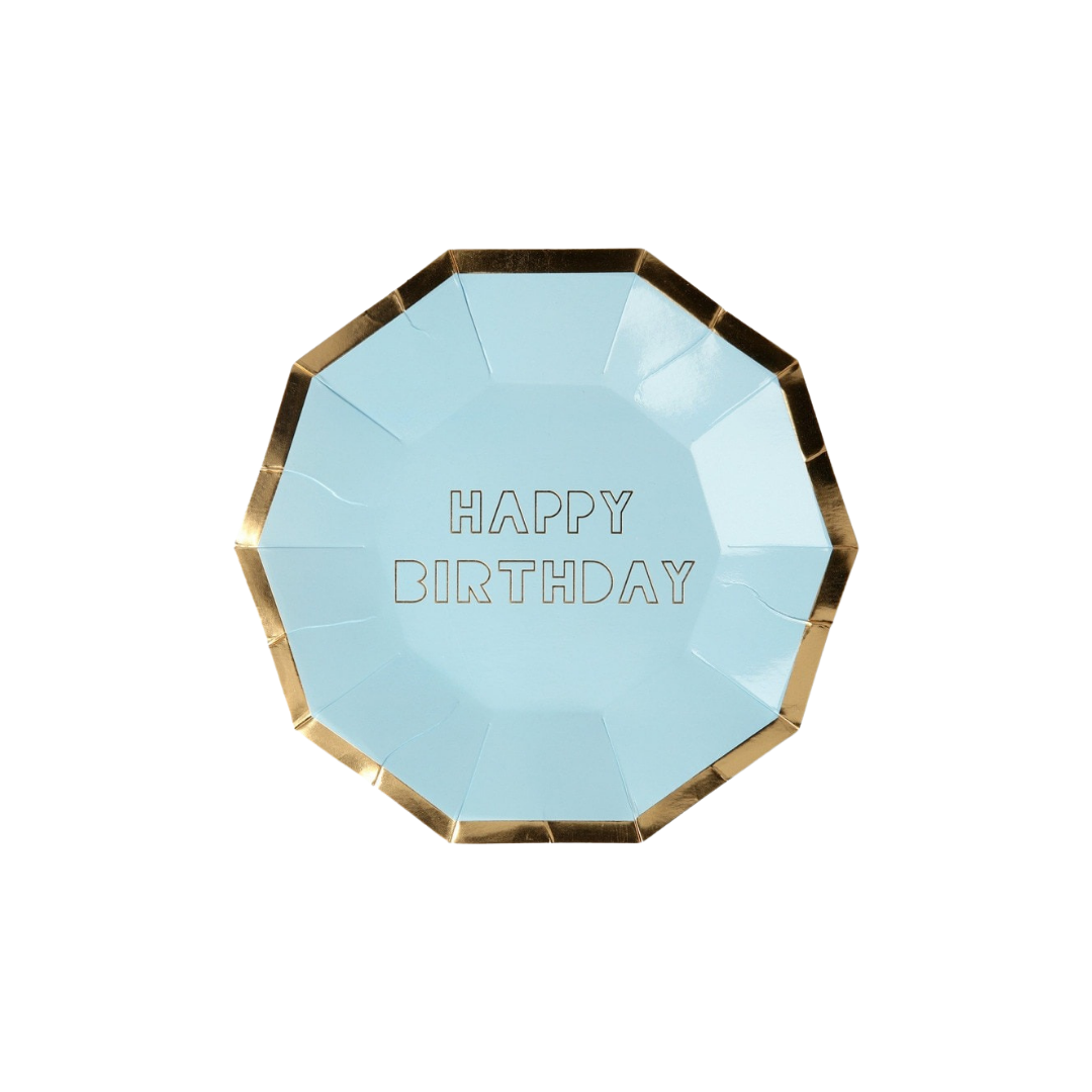 Blue and gold happy birthday plate with geometric edges birthday theme from Parte Haus party supply store in Bethesda MD