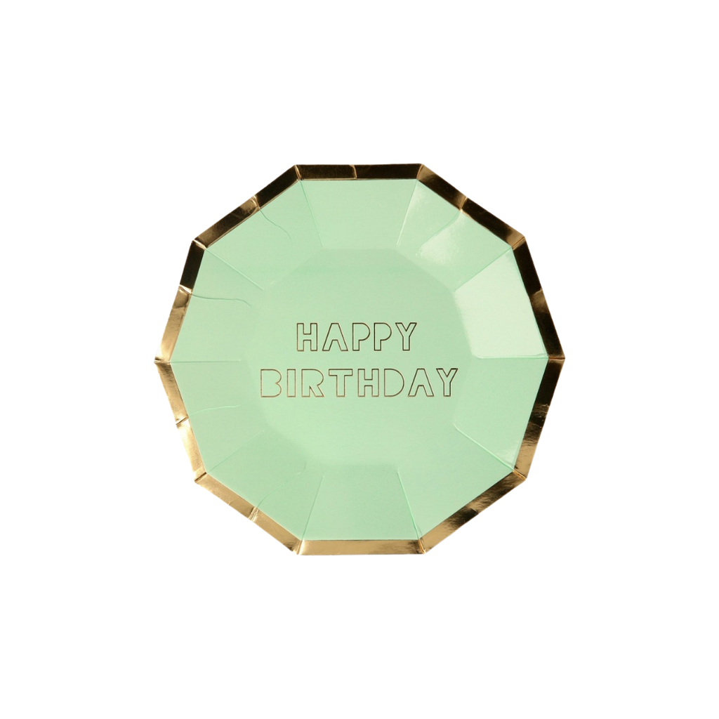 Mint green birthday plate with gold border birthday theme from Parte Haus party supply store in Bethesda MD