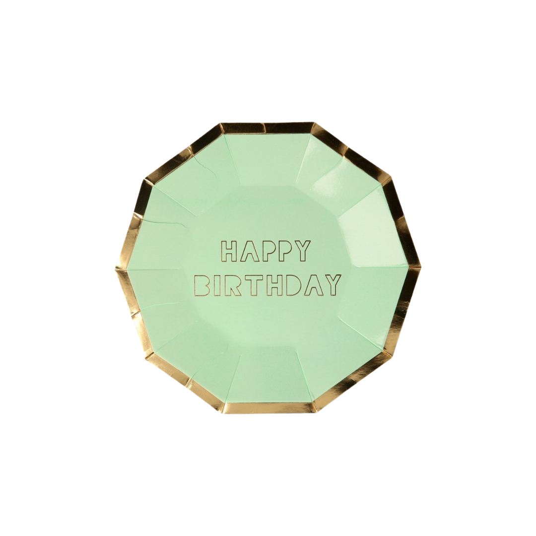 Mint green birthday plate with gold border birthday theme from Parte Haus party supply store in Bethesda MD