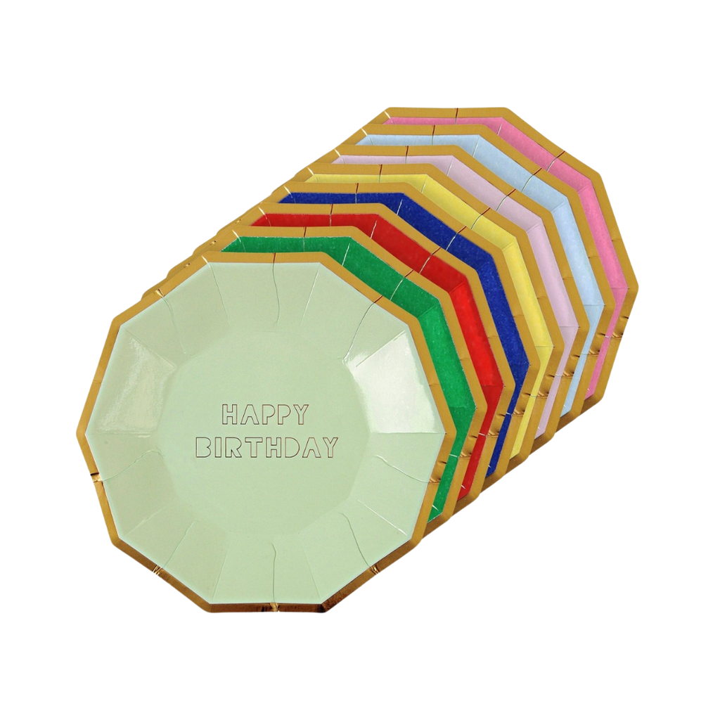 Pastel rainbow happy birthday plates with gold trim birthday theme from Parte Haus party supply store in Bethesda MD