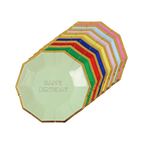Pastel rainbow happy birthday plates with gold trim birthday theme from Parte Haus party supply store in Bethesda MD