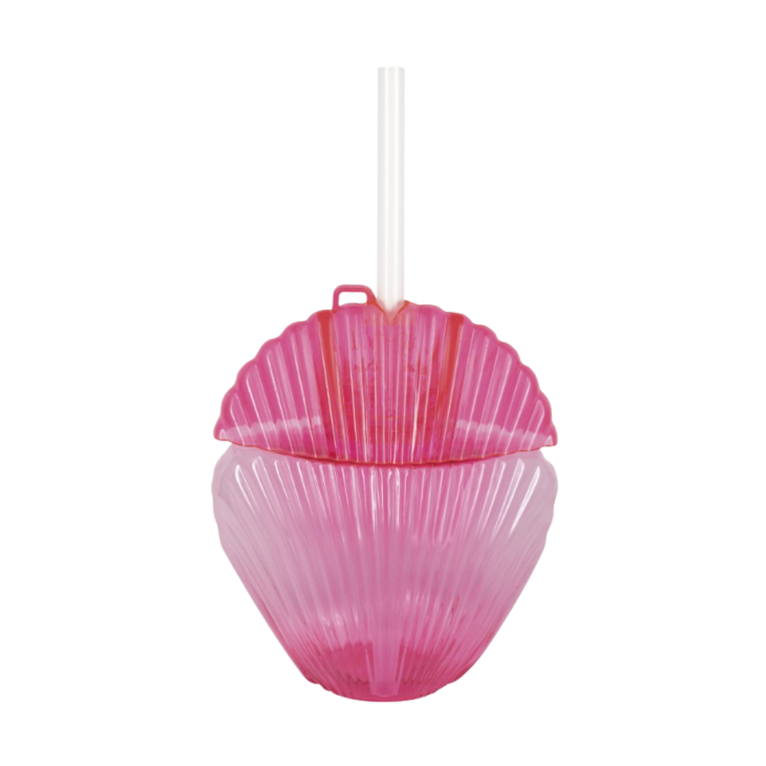 Pink shell shaped cup with straw for beach or mermaid theme from Parte Haus party supply store in Bethesda MD