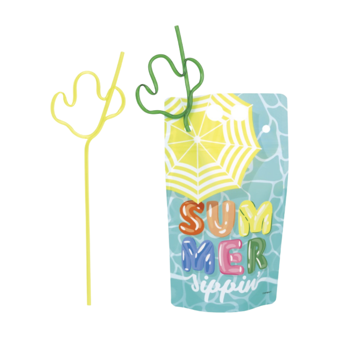 Yellow and green cactus straw set with summer sippin drink pouch for summer from Parte Haus party supply store in Bethesda MD