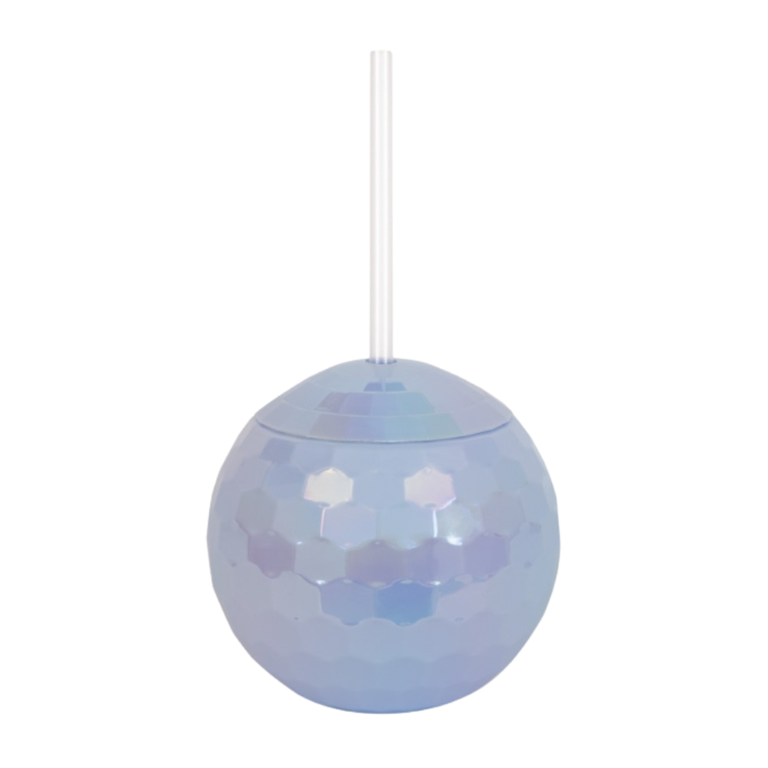 Iridescent blue disco ball cup with straw for birthday from Parte Haus party supply store in Bethesda MD