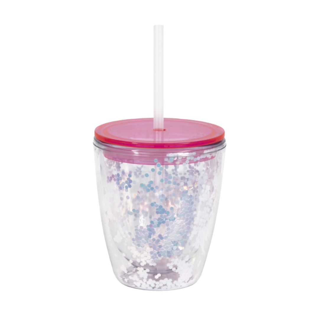 Pink glitter tumbler cup with straw birthday from Parte Haus party supply store in Bethesda Maryland