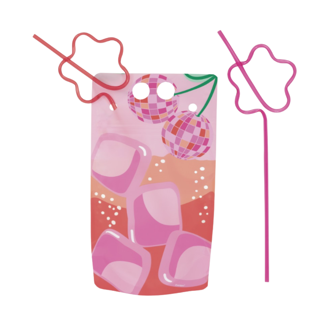 Pink disco drink pouch with ice cube design and pink flower straws for birthday from Parte Haus party supply store in Bethesda MD.