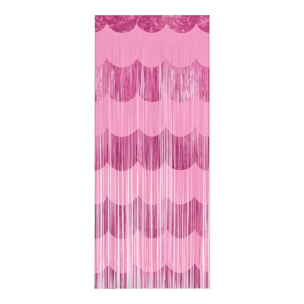 Pink fringe curtain with scalloped foil streamers birthday celebration from Parte Haus party supply store in Bethesda Maryland