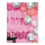 Pink and silver balloon garland with pink fringe backdrop birthday theme from Parte Haus party supply store in Bethesda MD