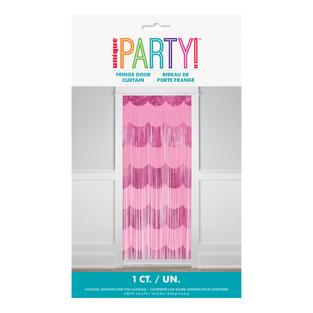 Pink fringe door curtain for birthday celebration decor from Parte Haus party supply store in Bethesda MD