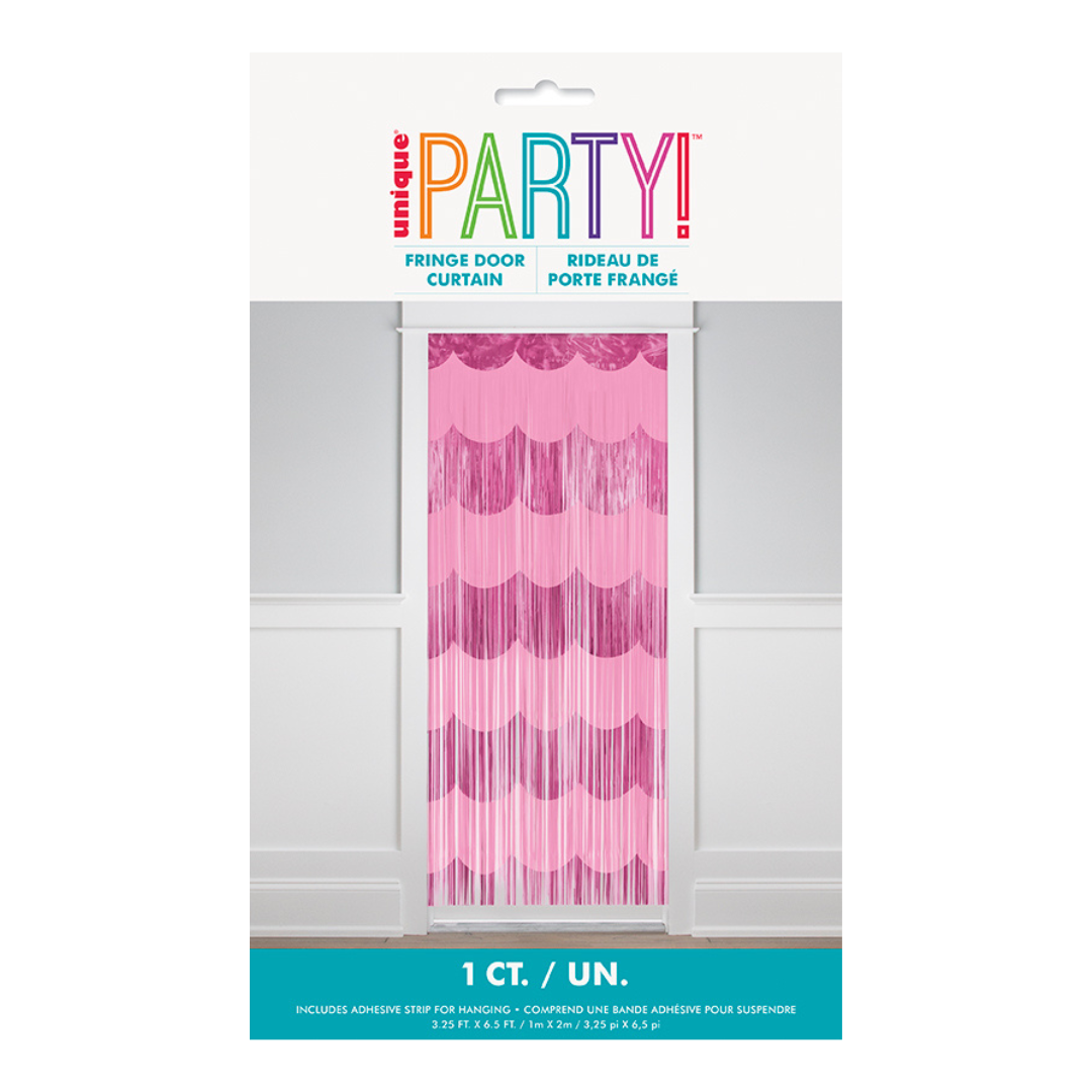 Pink fringe door curtain for birthday celebration decor from Parte Haus party supply store in Bethesda MD