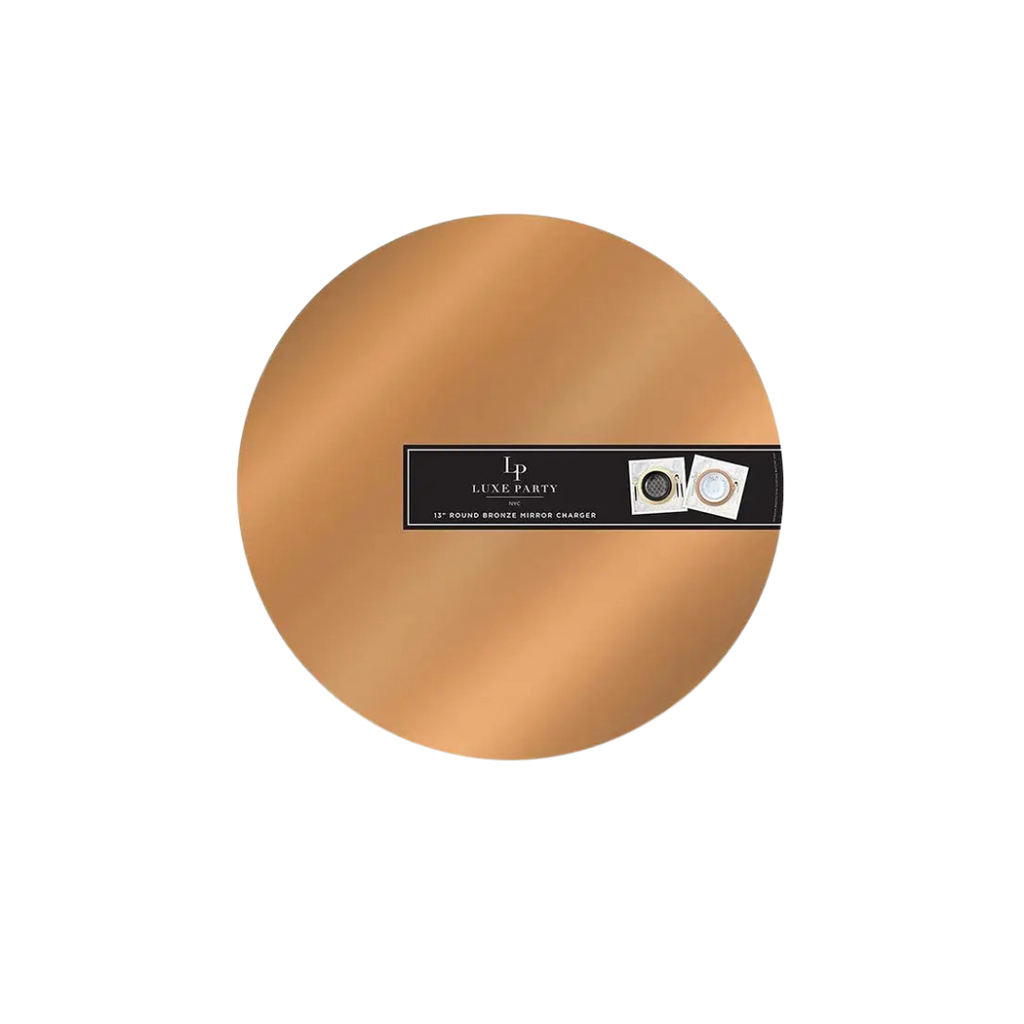 Bronze round charger plate with mirror finish elegant table setting from Parte Haus party supply store in Bethesda Maryland